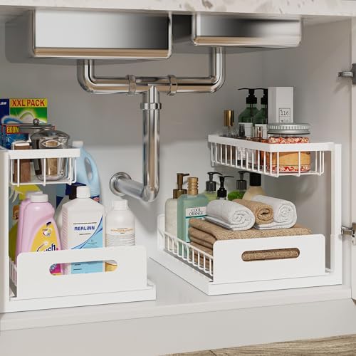 REALINN Under Sink Organizer 2 Tier Slide Out Shelf White