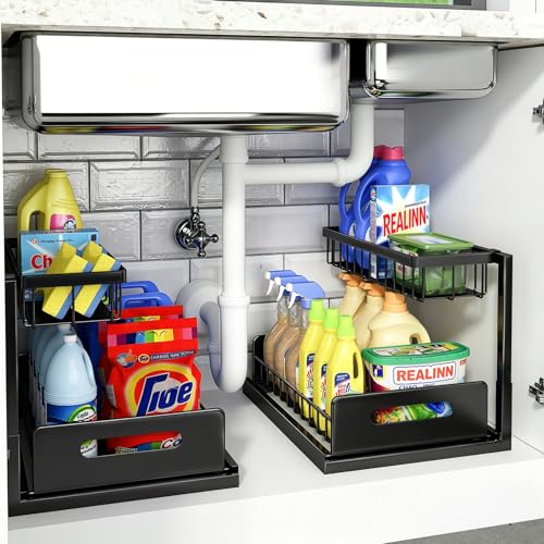 REALINN Under Sink Organizer 2 Tier Slide Out Shelf White