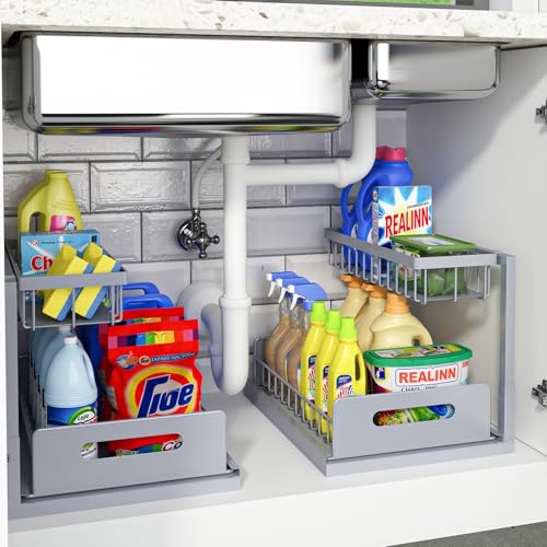 REALINN Under Sink Organizer 2 Tier Slide Out Shelf White