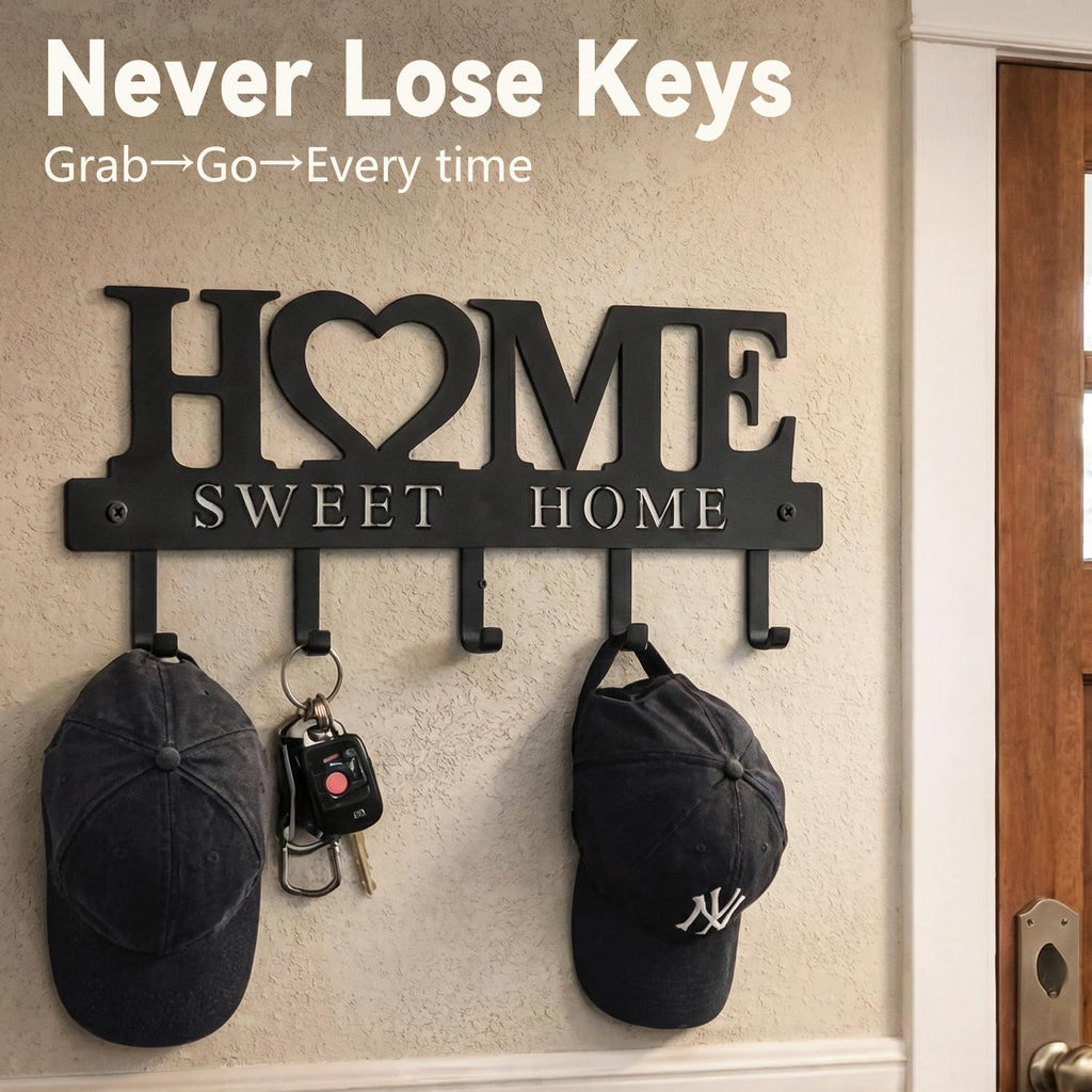 Sweet Home Design Entryway Wall Key Holder with 5 Hooks Black Metal