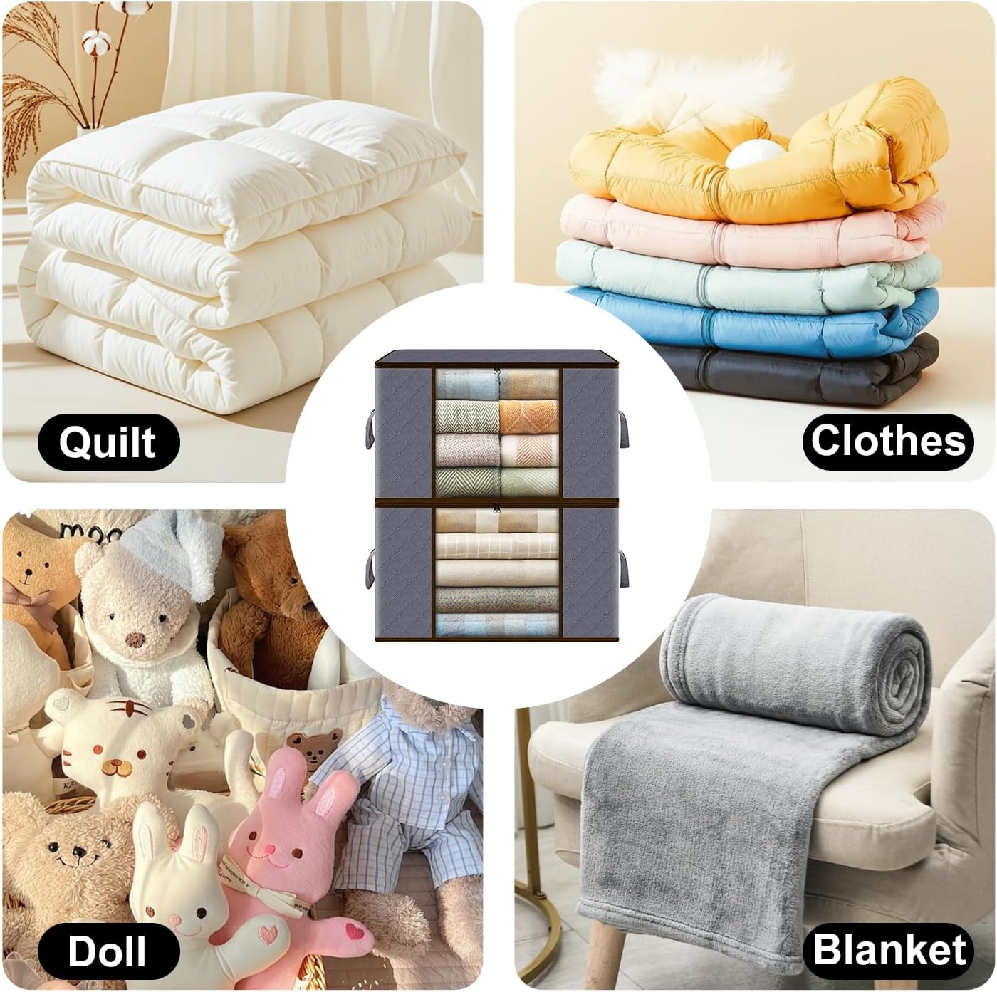 QHOHQ 90L Storage Bags 2 Pack Foldable Closet Organizer Containers Gray