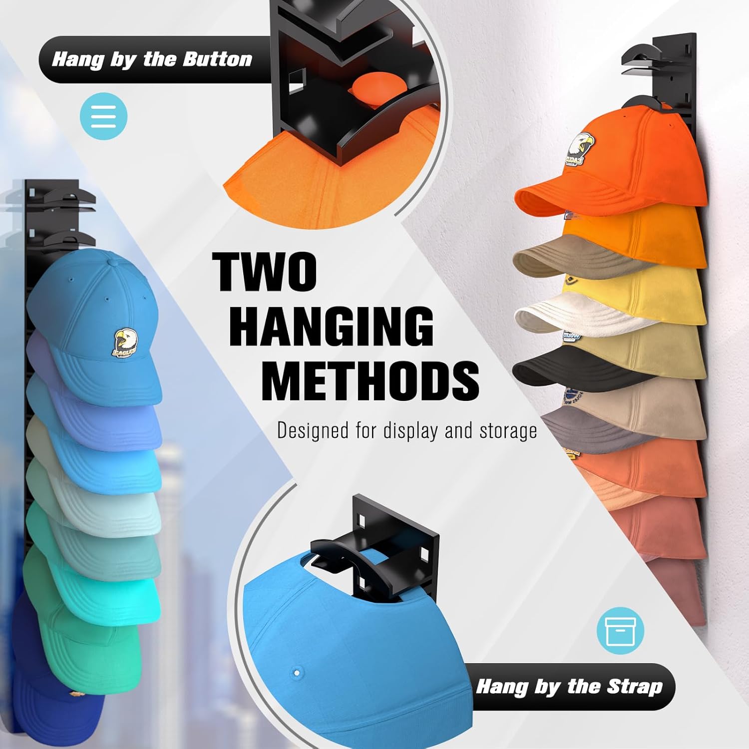 Hat Organizer For Baseball Caps 2Pack Wall Mounted Strong Adhesive Black