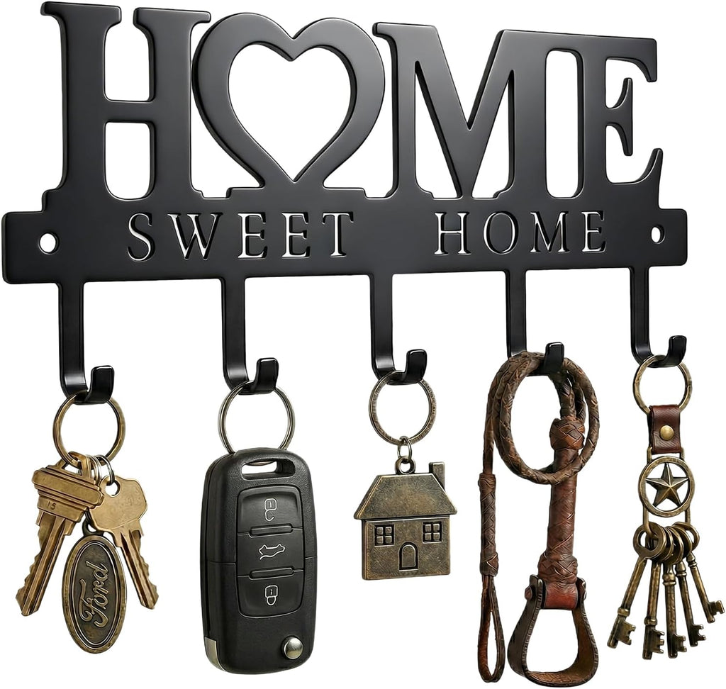 Sweet Home Design Entryway Wall Key Holder with 5 Hooks Black Metal