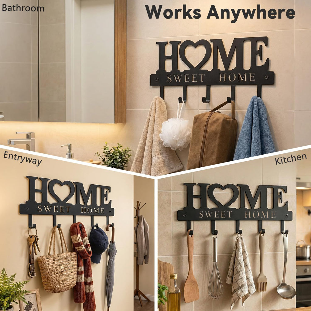 Sweet Home Design Entryway Wall Key Holder with 5 Hooks Black Metal