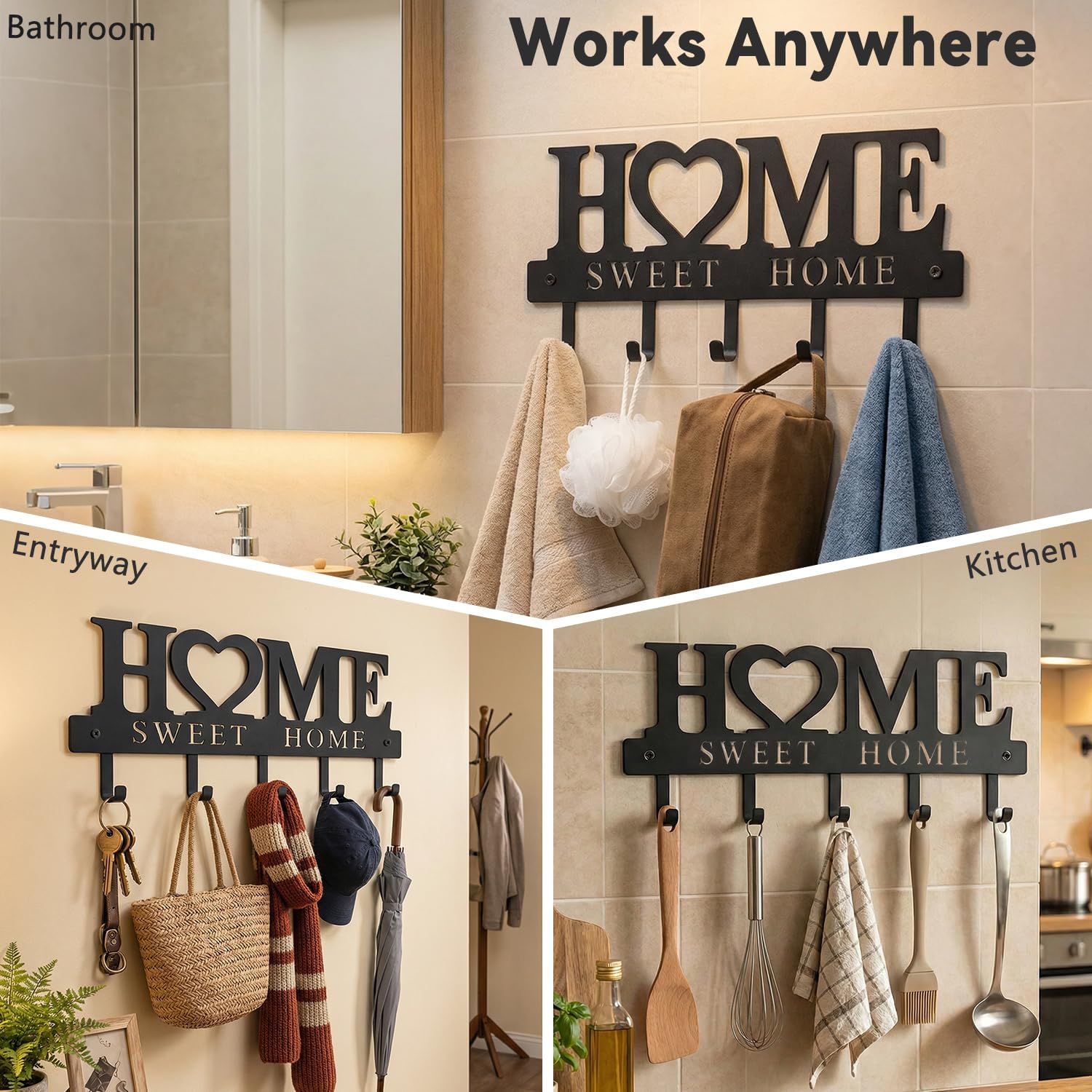 Sweet Home Design Entryway Wall Key Holder with 5 Hooks Black Metal
