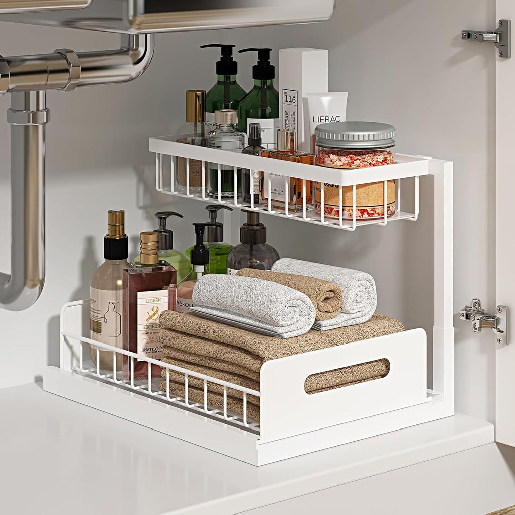 REALINN Under Sink Organizer 2 Tier Slide Out Shelf White