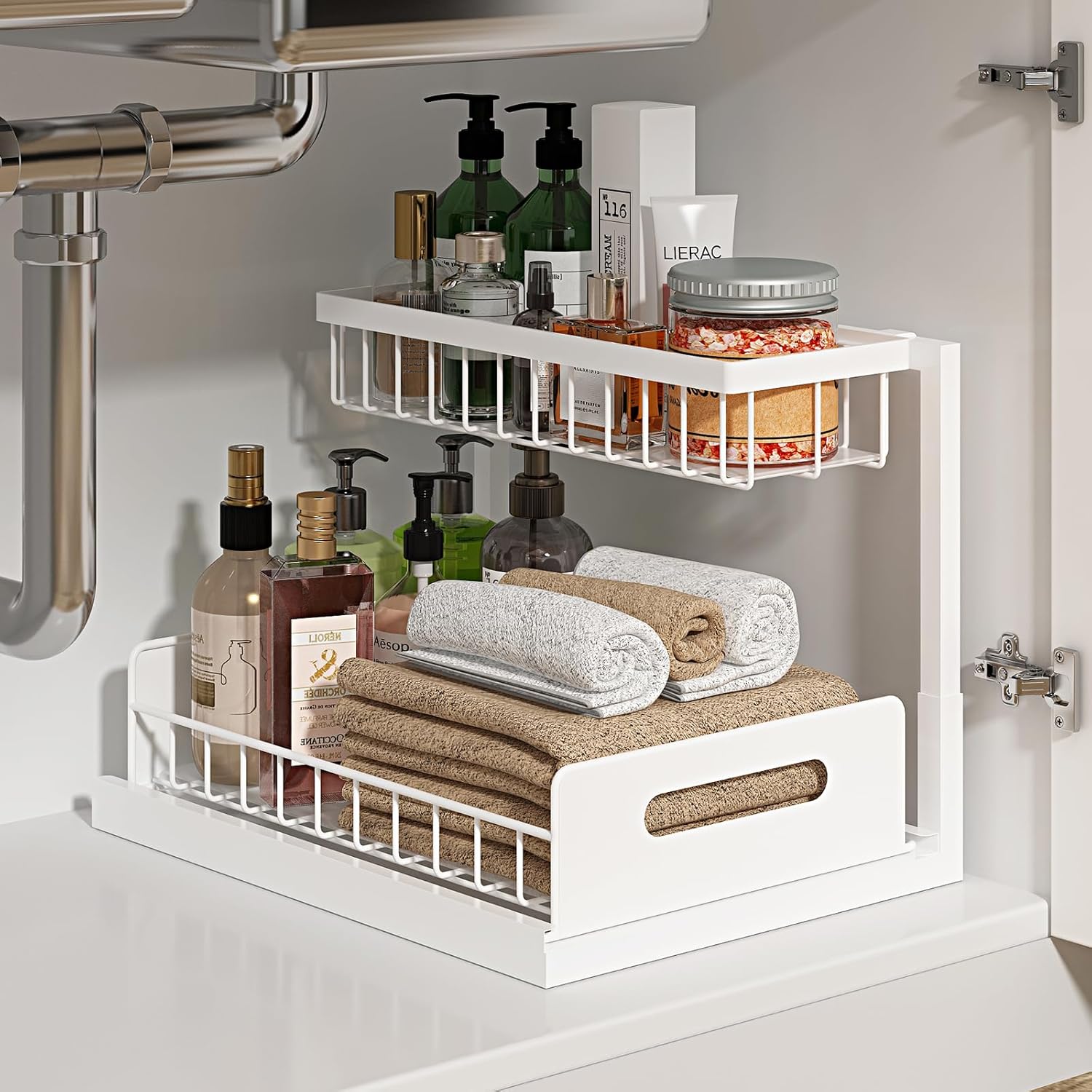 REALINN Under Sink Organizer 2 Tier Slide Out Shelf White