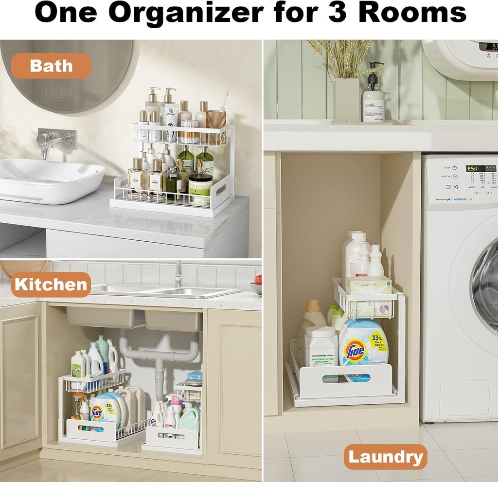 REALINN Under Sink Organizer 2 Tier Slide Out Shelf White
