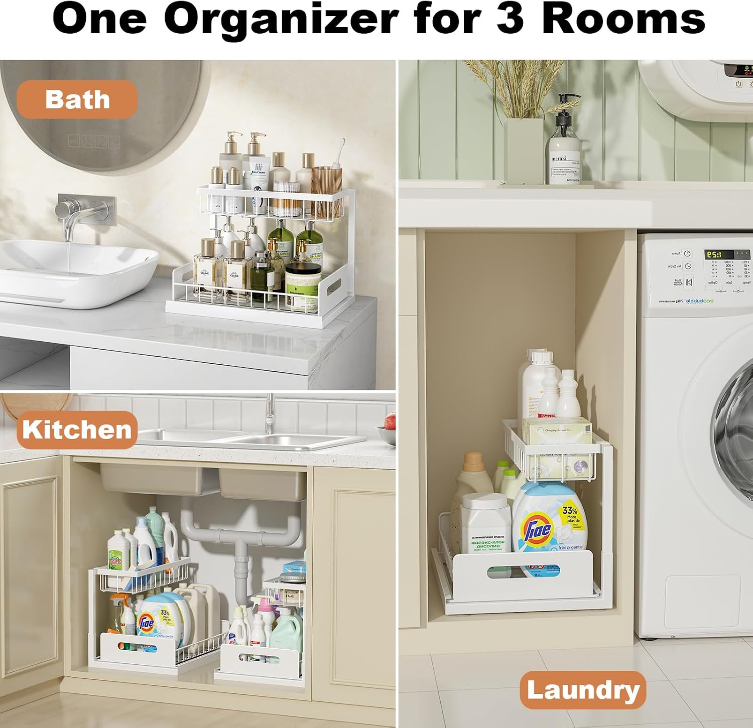 REALINN Under Sink Organizer 2 Tier Slide Out Shelf White