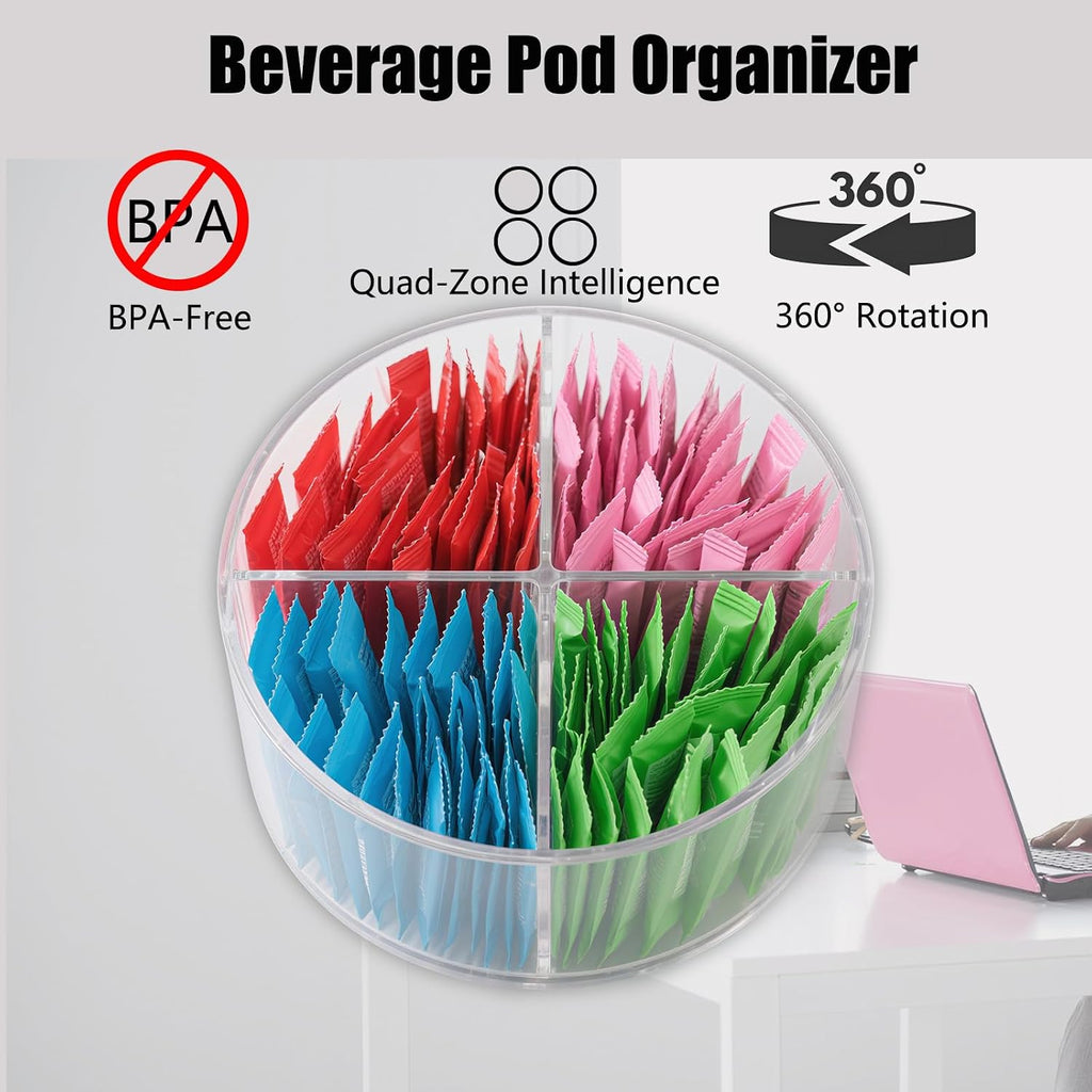 TIMVIEA 360° Spinning Drink Packet Organizer Clear 4-Section BPA-Free Plastic
