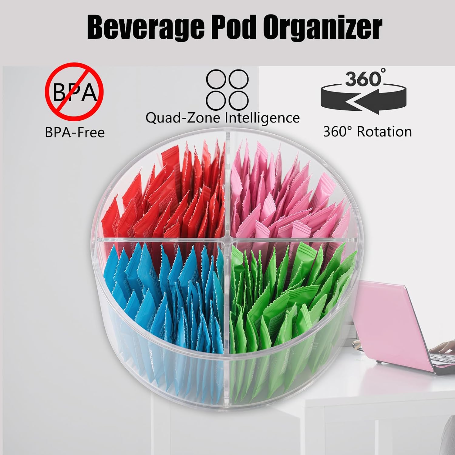 TIMVIEA 360° Spinning Drink Packet Organizer Clear 4-Section BPA-Free Plastic