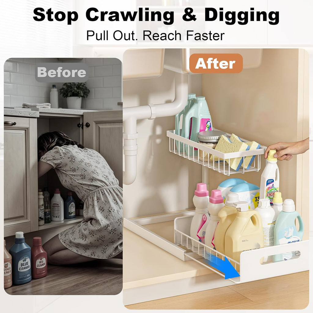 REALINN Under Sink Organizer 2 Tier Slide Out Shelf White