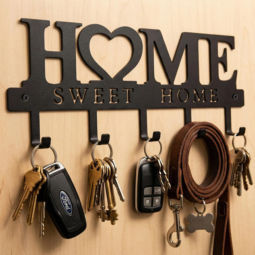 Sweet Home Design Entryway Wall Key Holder with 5 Hooks Black Metal