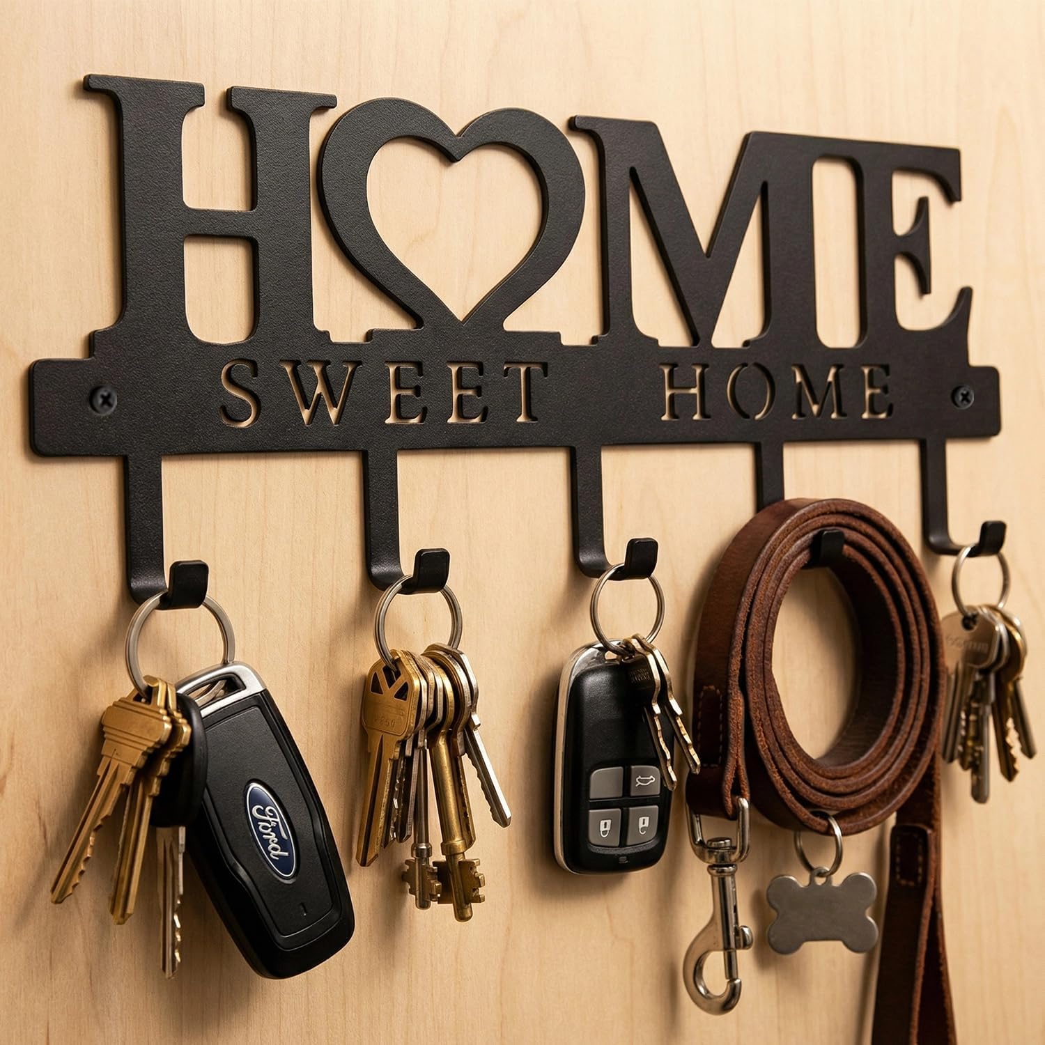 Sweet Home Design Entryway Wall Key Holder with 5 Hooks Black Metal