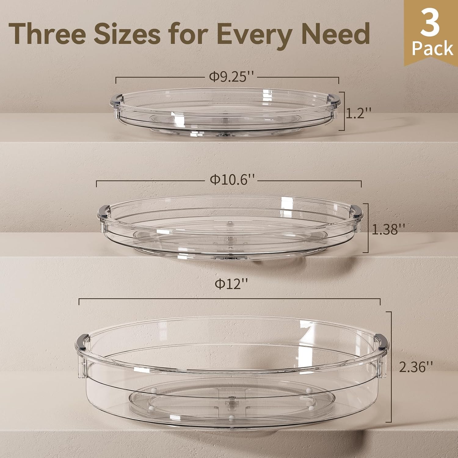 LAMU 3 Pack Lazy Susan Turntable Organizer Clear 9.25in 10.6in 12in
