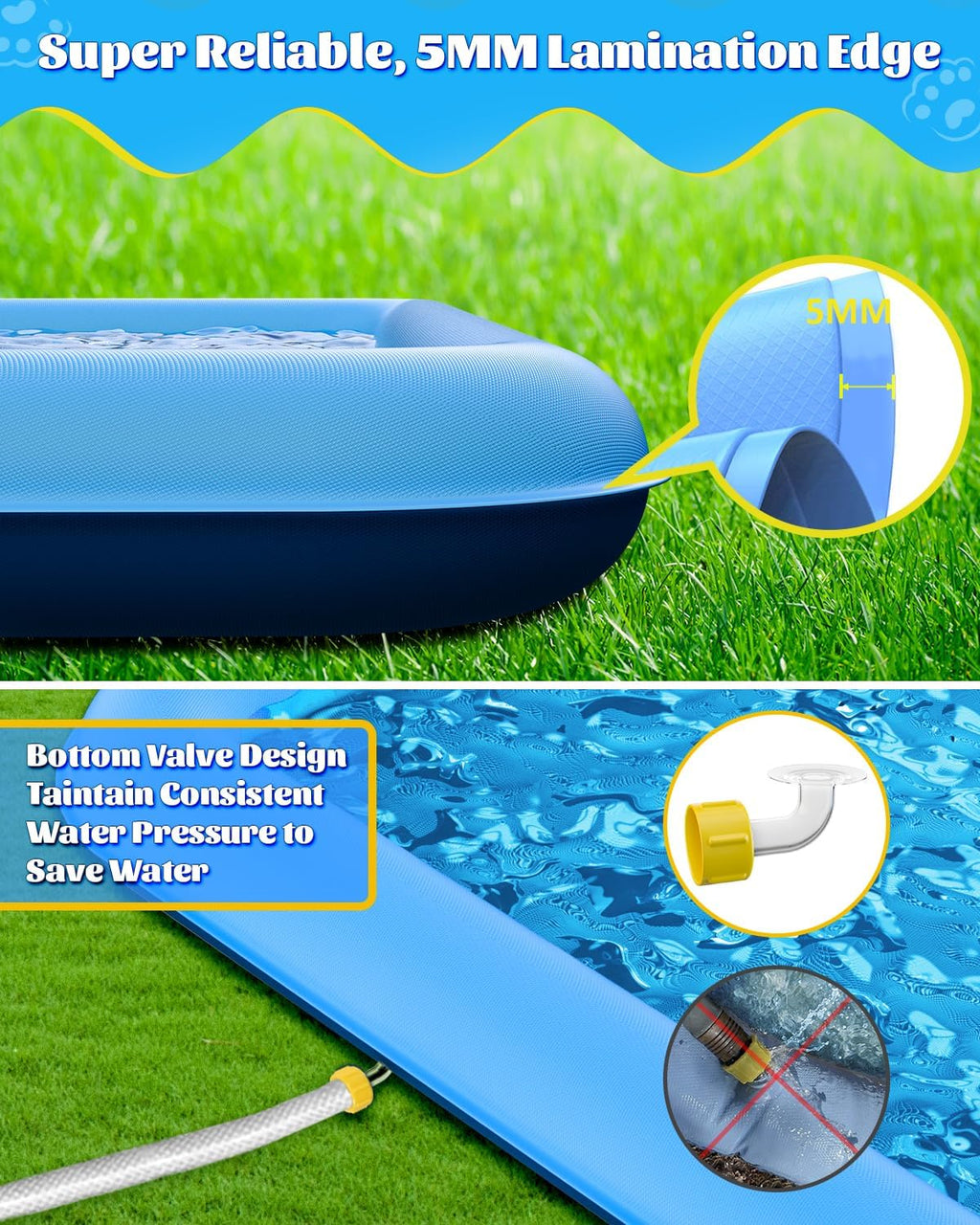 Raxurt Splash Pad 72in Non-Slip Sprinkler for Kids and Dogs Blue