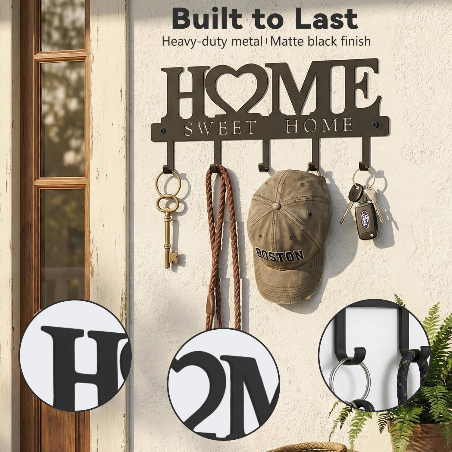 Sweet Home Design Entryway Wall Key Holder with 5 Hooks Black Metal