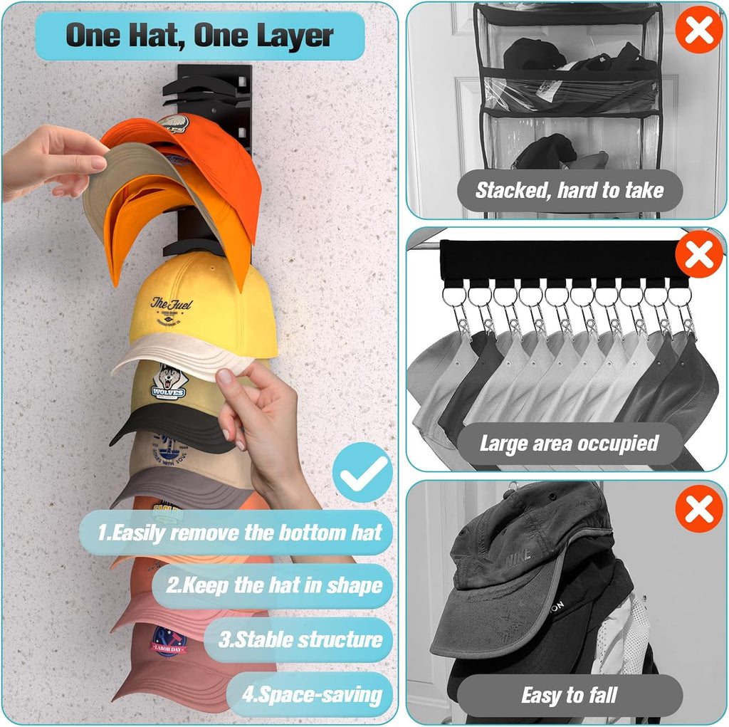 Hat Organizer For Baseball Caps 2Pack Wall Mounted Strong Adhesive Black
