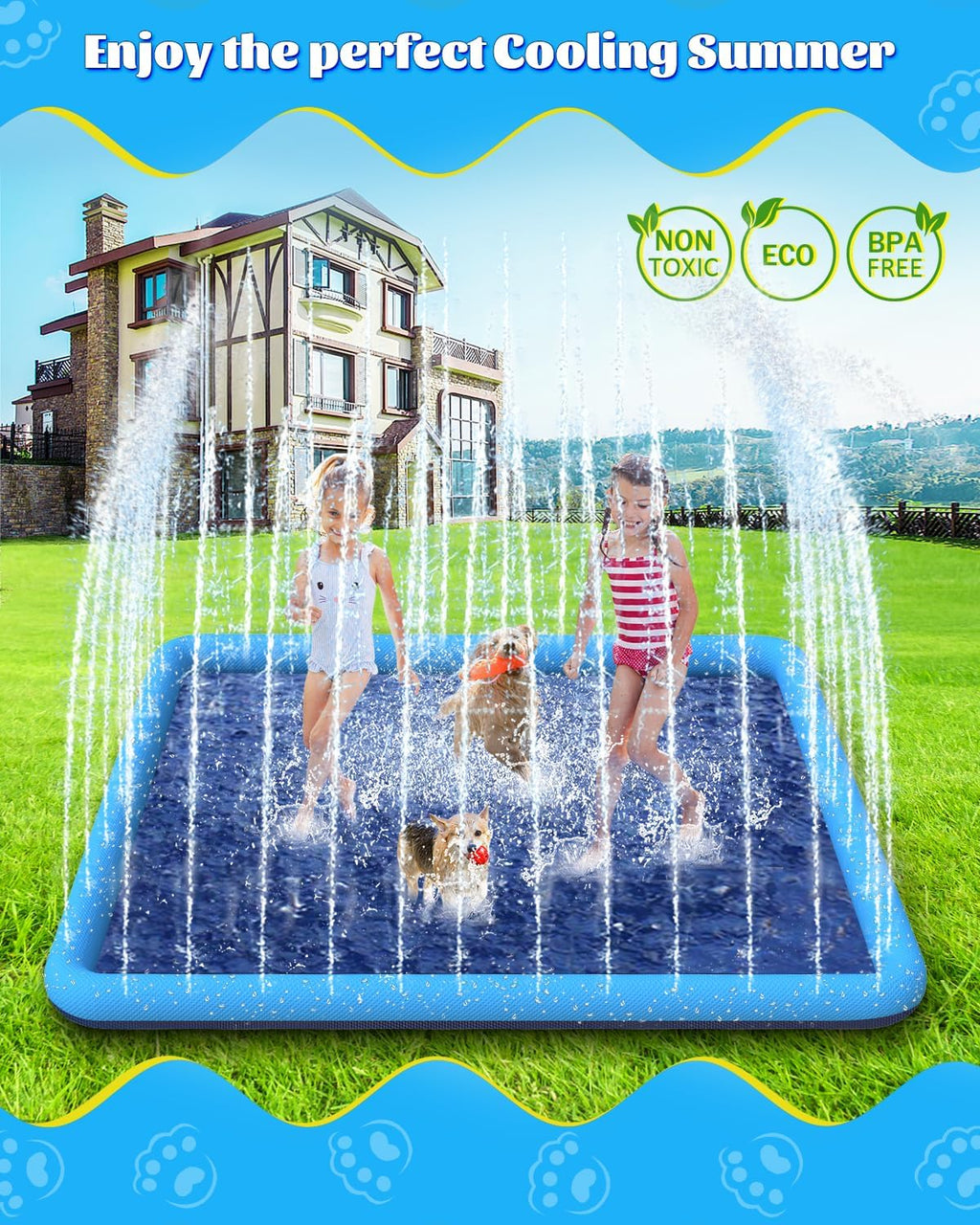 Raxurt Splash Pad 72in Non-Slip Sprinkler for Kids and Dogs Blue