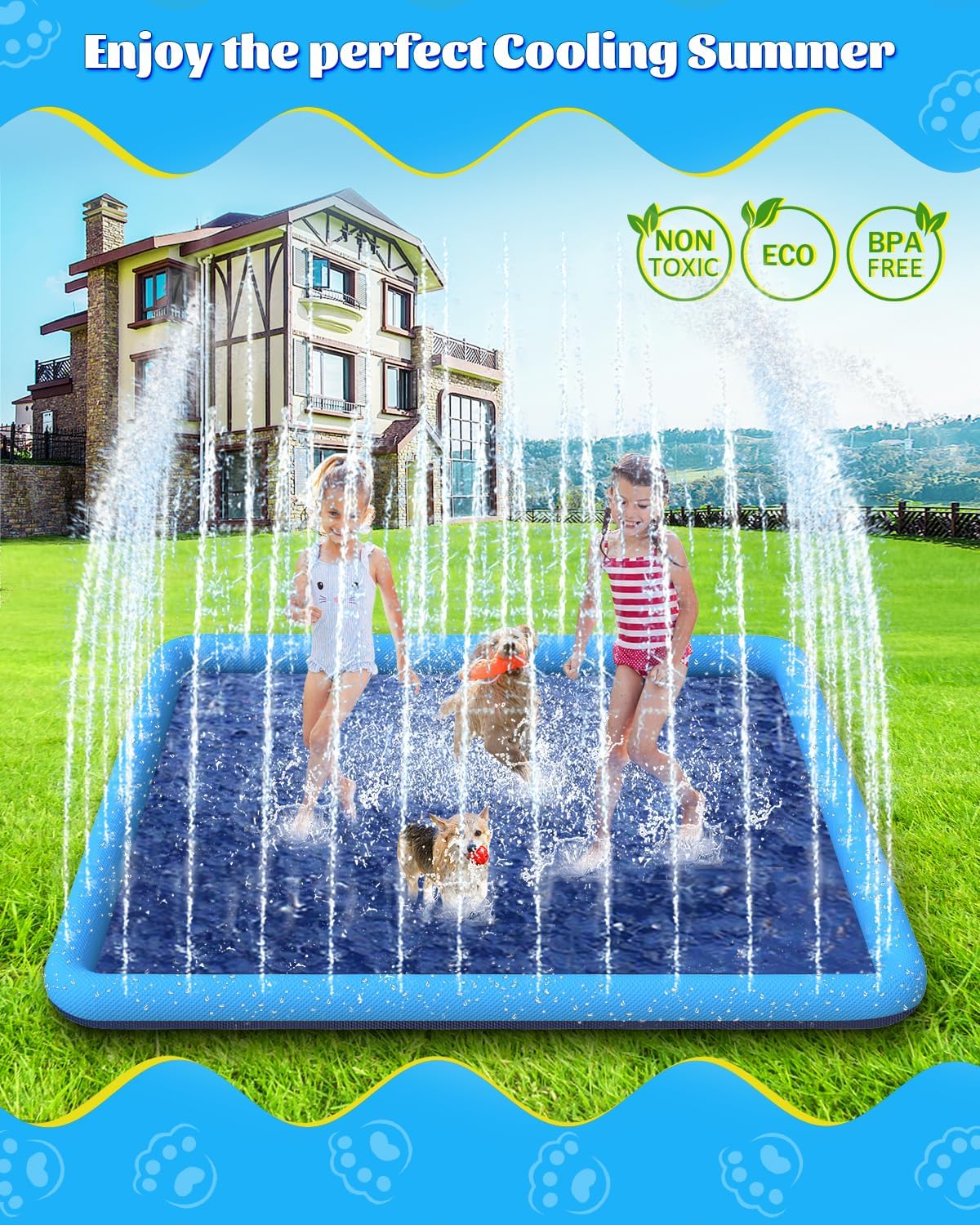 Raxurt Splash Pad 72in Non-Slip Sprinkler for Kids and Dogs Blue