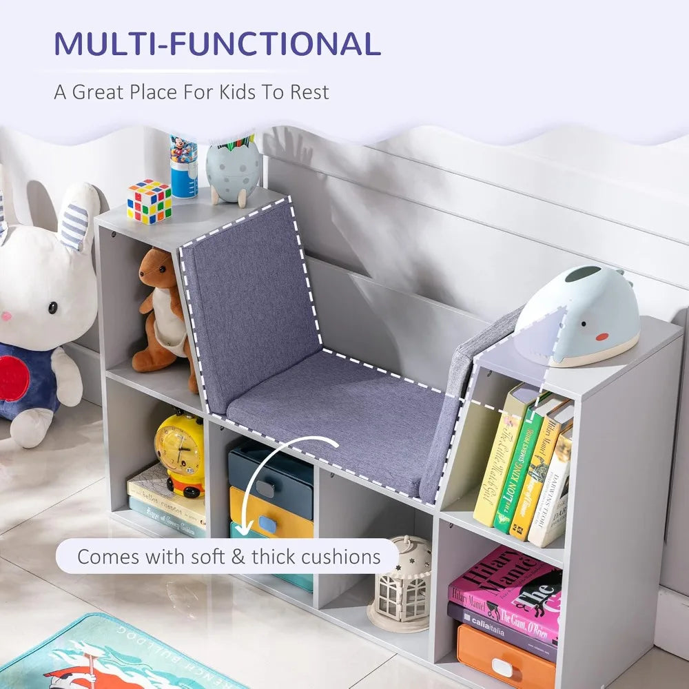6-Cubby Kids Bookcase with Reading Nook and Cushion Storage Organizer Grey