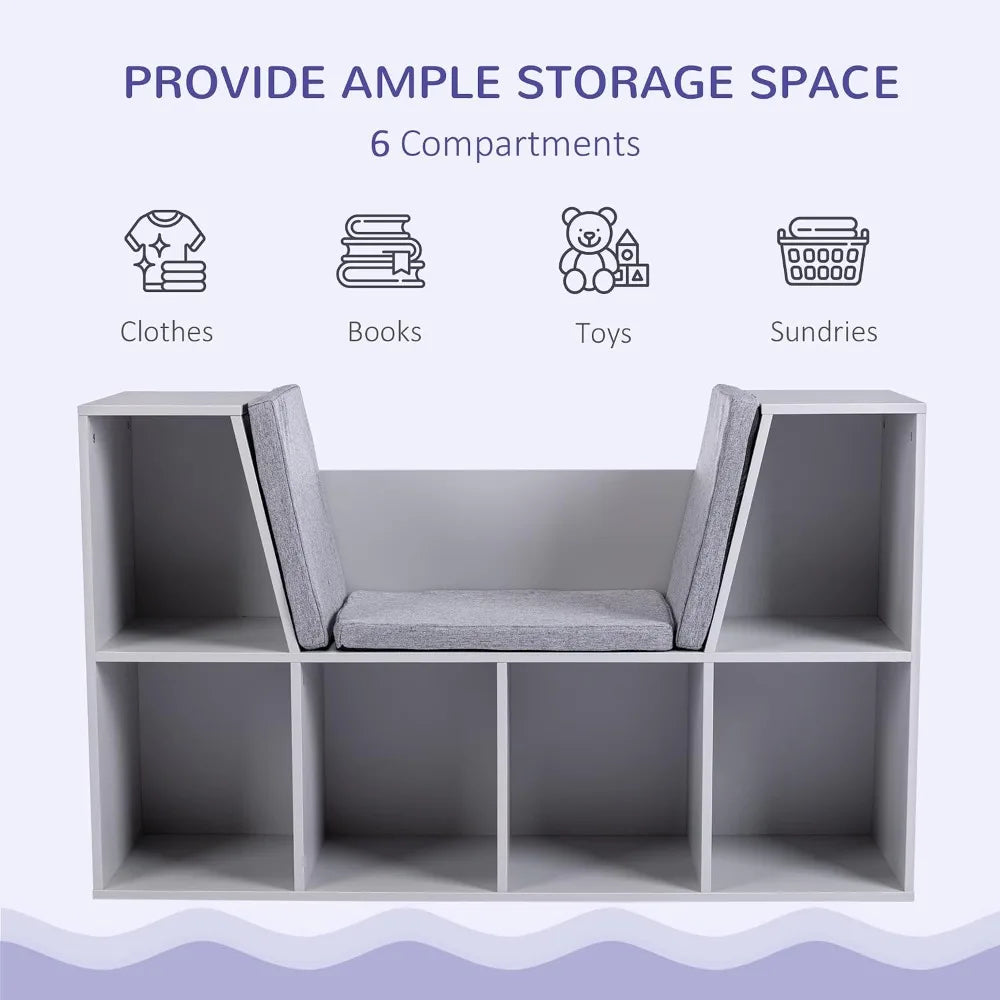 6-Cubby Kids Bookcase with Reading Nook and Cushion Storage Organizer Grey