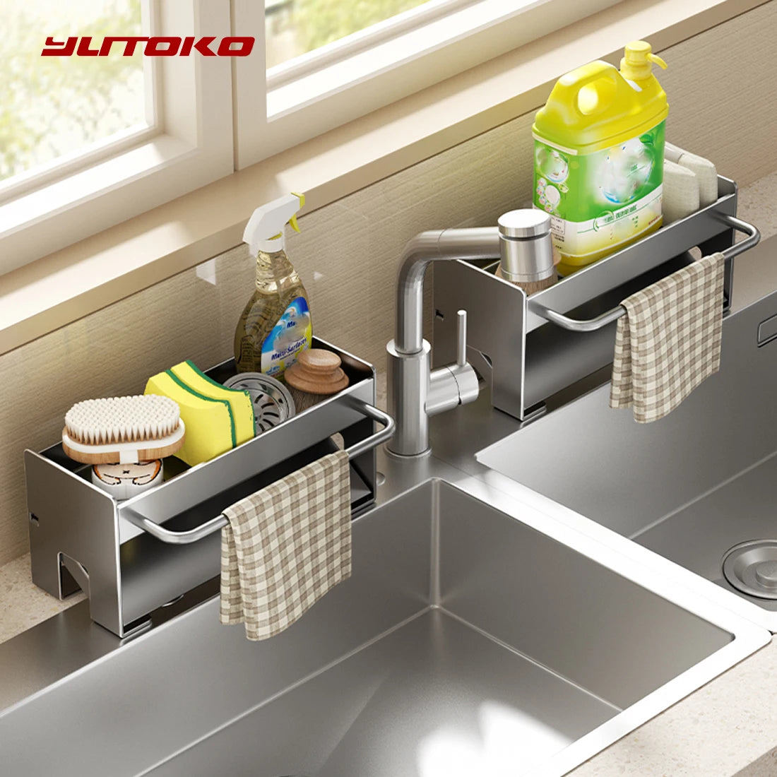 Kitchen Sink Stand Sponge Holder Dish Drainer Organizer Metal Auto-Draining