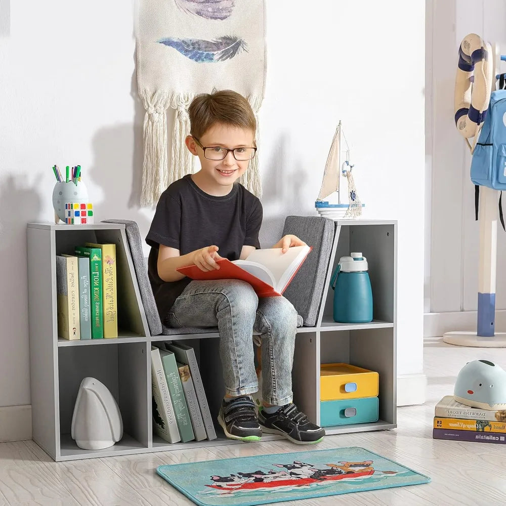 6-Cubby Kids Bookcase with Reading Nook and Cushion Storage Organizer Grey