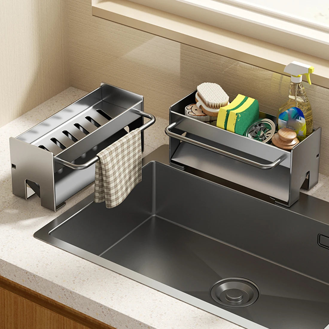 Kitchen Sink Stand Sponge Holder Dish Drainer Organizer Metal Auto-Draining