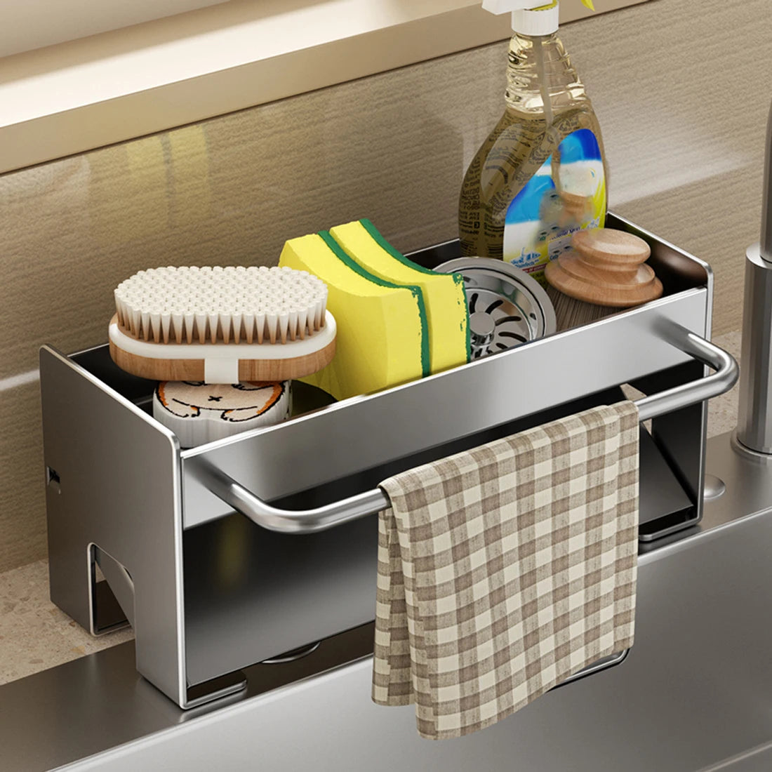 Kitchen Sink Stand Sponge Holder Dish Drainer Organizer Metal Auto-Draining
