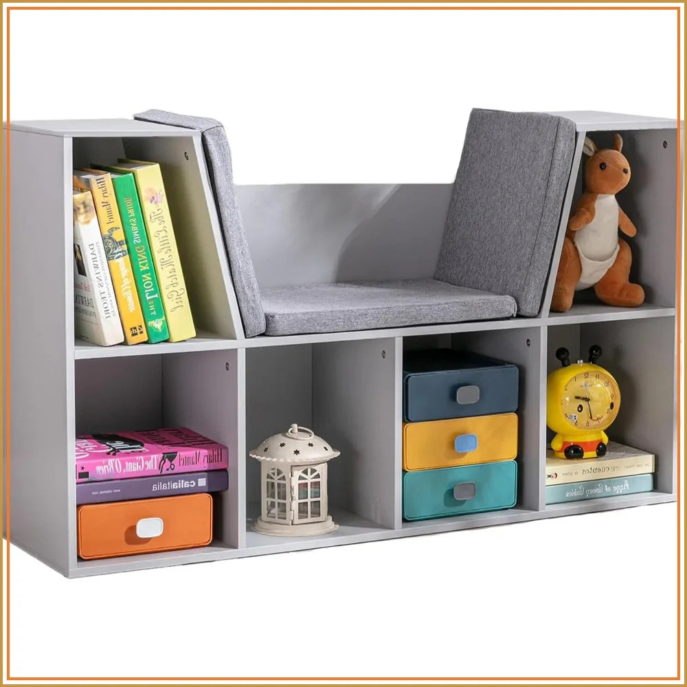 6-Cubby Kids Bookcase with Reading Nook and Cushion Storage Organizer Grey