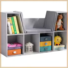 6-Cubby Kids Bookcase with Reading Nook and Cushion Storage Organizer Grey