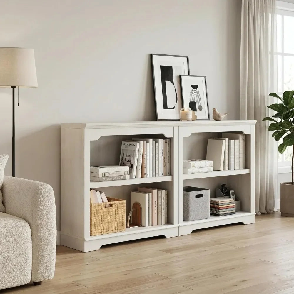 2 Tier Bookshelf 31.5" Wide Wooden Bookcase Anti-Bending Storage Organizer White