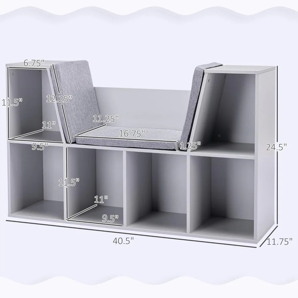 6-Cubby Kids Bookcase with Reading Nook and Cushion Storage Organizer Grey