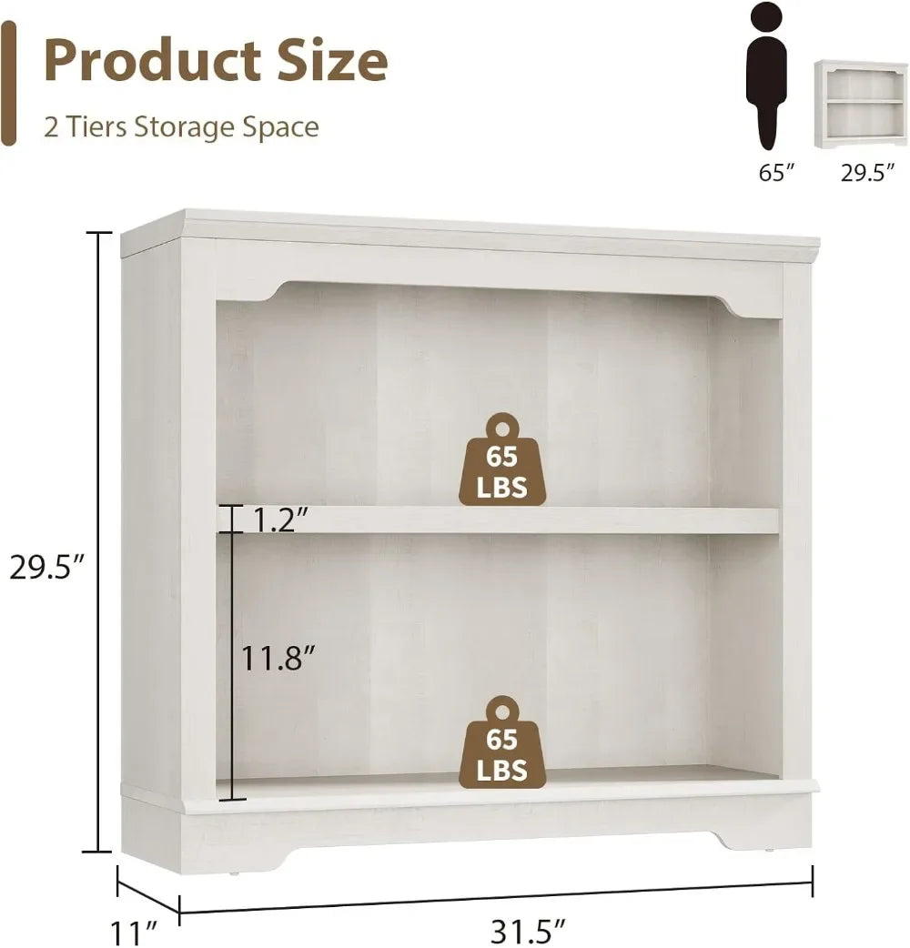 2 Tier Bookshelf 31.5" Wide Wooden Bookcase Anti-Bending Storage Organizer White